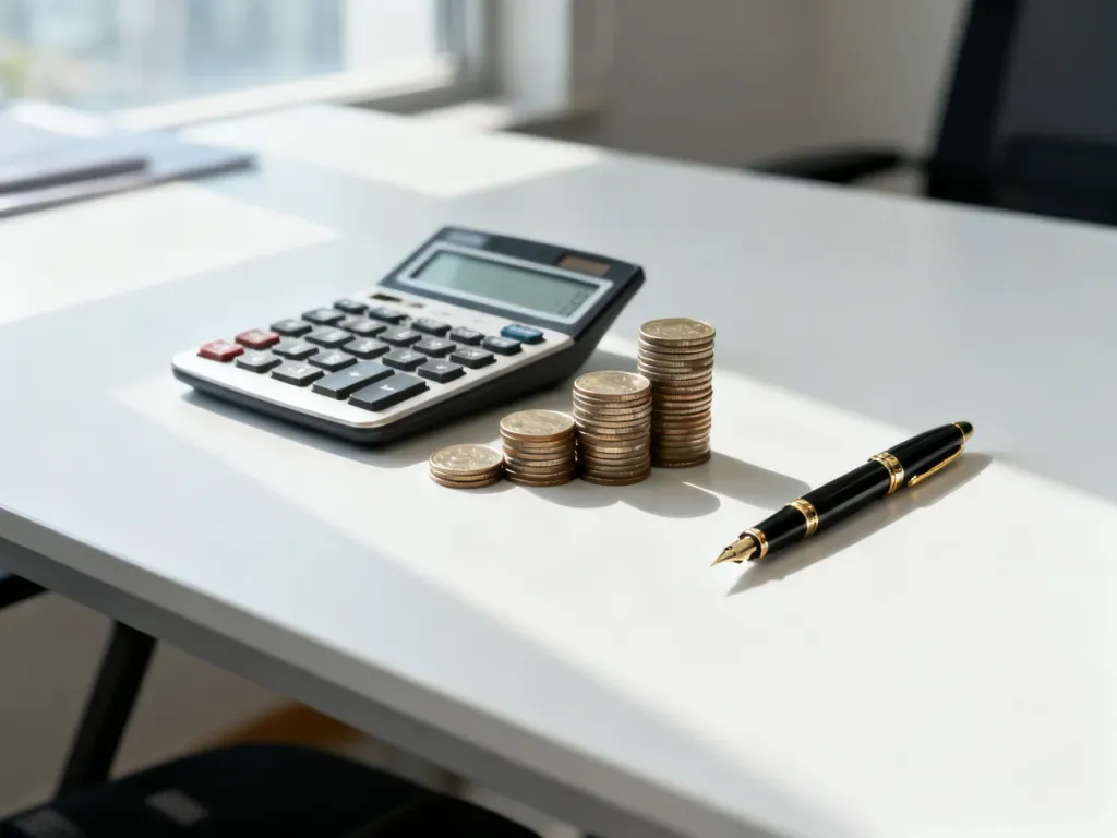 Kalkulator, monety i pióro na biurku, symbolizujące profesjonalne obliczenia finansowe i planowanie budżetu.