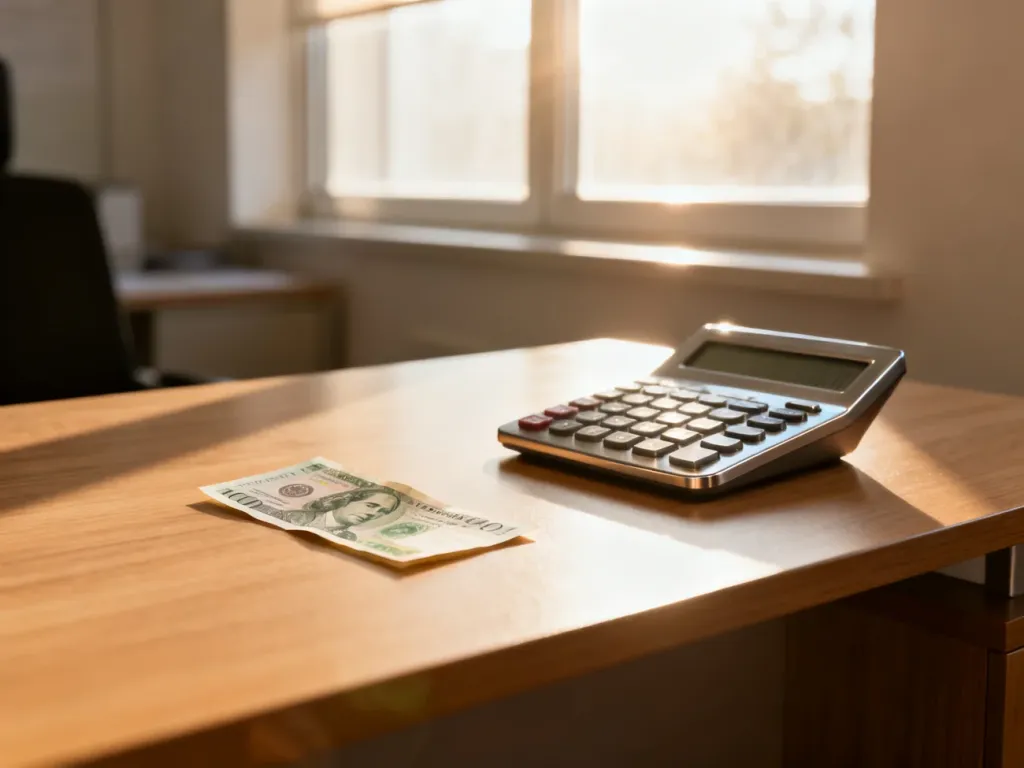 Banknot leżący obok kalkulatora na biurku, symbolizujący obliczanie wynagrodzenia i planowanie finansów.