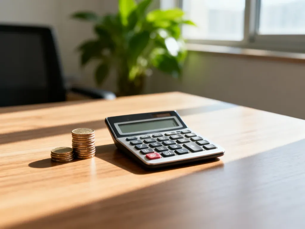 Minimalistyczne biurko z kalkulatorem i monetami, symbolizujące planowanie finansów i obliczanie wynagrodzenia.
