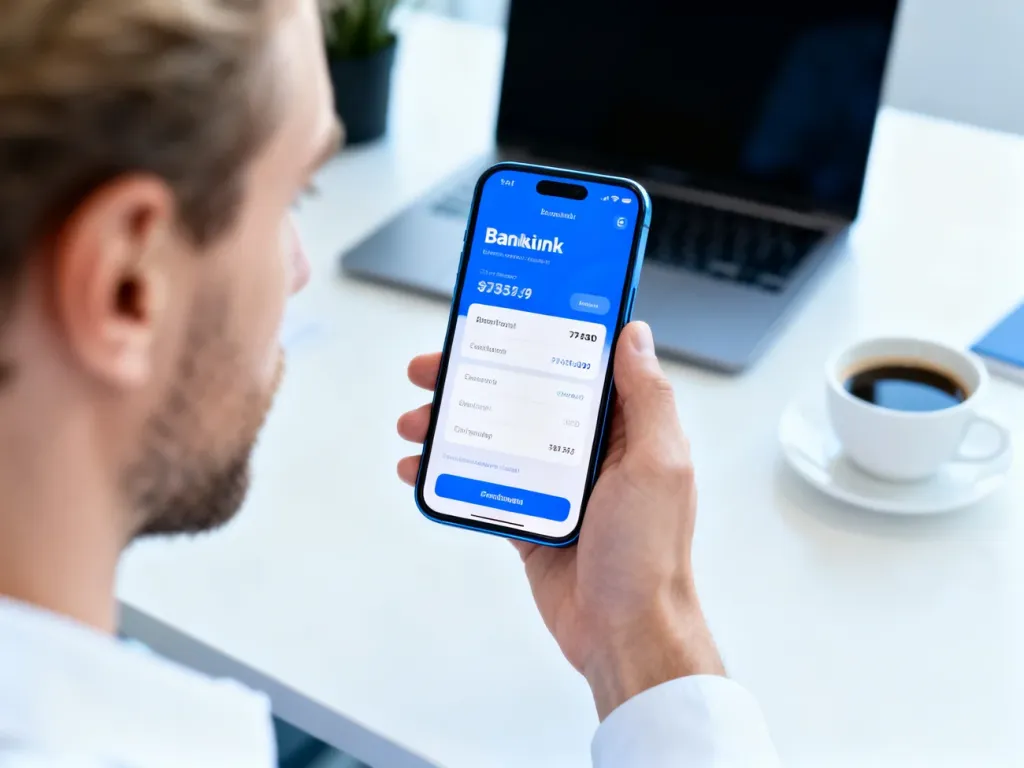 Mężczyzna trzymający smartfon z aplikacją bankową w nowoczesnym biurze, symbolizujący wygodę przelewów SEPA.