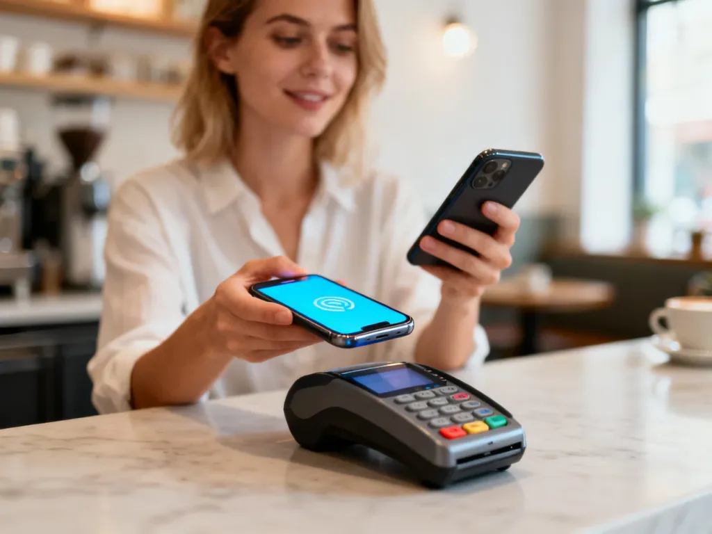 Kobieta płaci zbliżeniowo smartfonem przy terminalu w kawiarni, korzystając z usługi Google Pay.