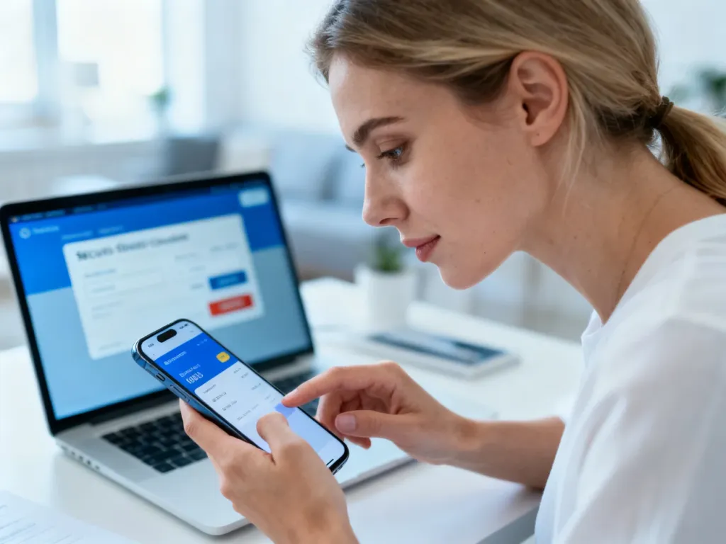 Kobieta dokonująca płatności online za pomocą smartfona w nowoczesnym biurze domowym.