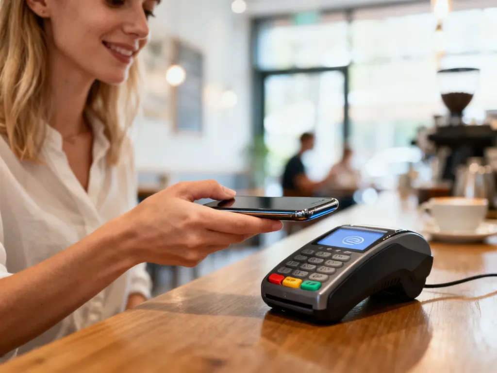 Kobieta płaci zbliżeniowo smartfonem przy terminalu w kawiarni, korzystając z usługi Google Pay.