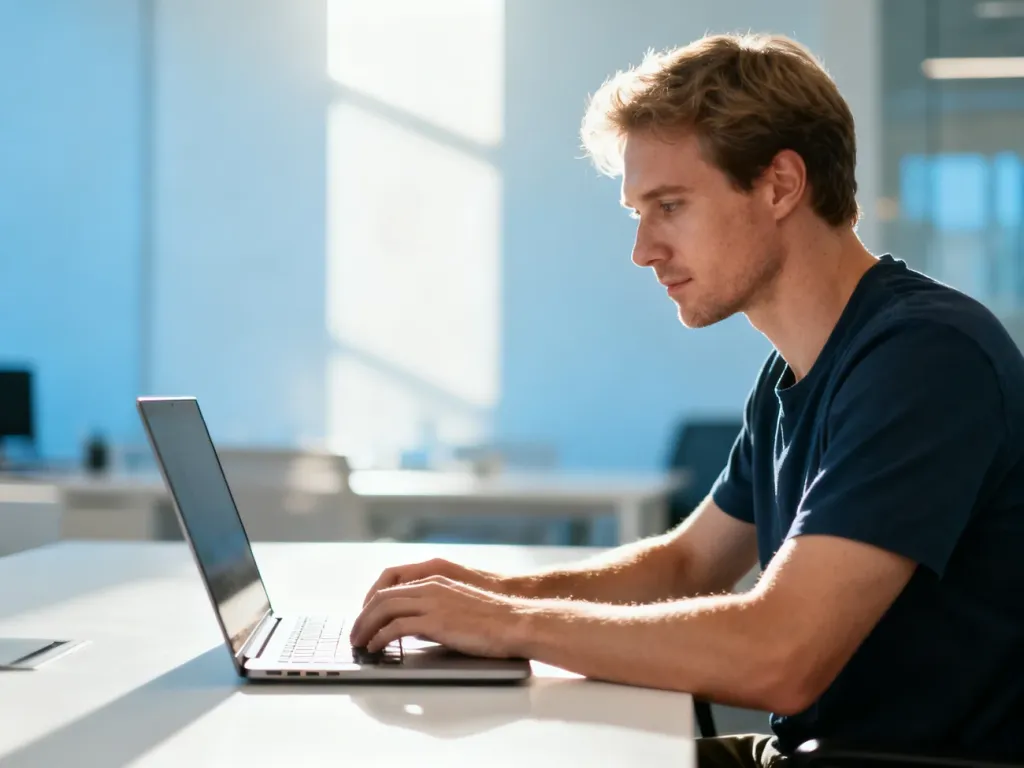 Pracownik biurowy skupiony na pracy przy laptopie w nowoczesnym, jasnym wnętrzu biura.
