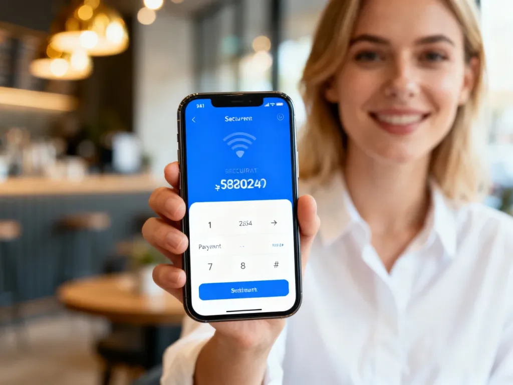 Kobieta trzymająca smartfon z interfejsem płatności cyfrowych w nowoczesnej kawiarni, ilustrująca działanie Visa Mobile.