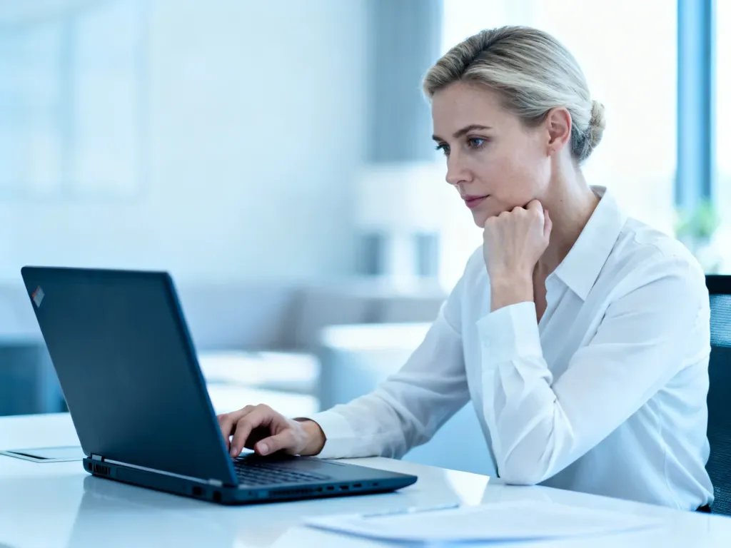 Kobieta pracująca przy laptopie w nowoczesnym biurze, skupiona na obsłudze panelu klienta.