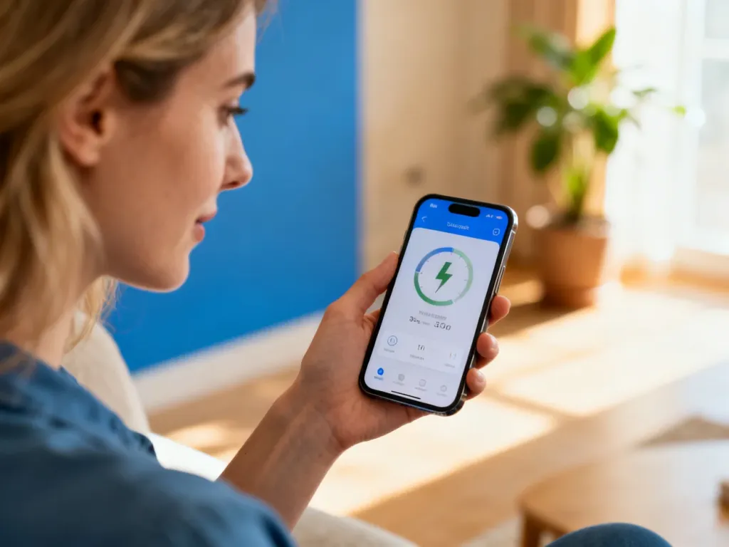 Kobieta sprawdza zużycie energii elektrycznej w aplikacji mobilnej PGE na smartfonie w przytulnym salonie.