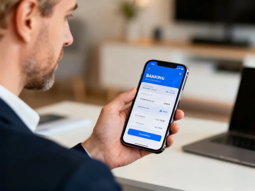 Mężczyzna trzymający smartfon z widocznym interfejsem bankowości mobilnej w domowym biurze.