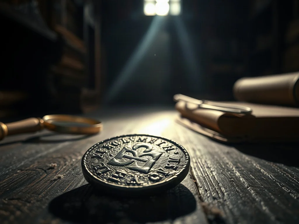 Starożytna srebrna moneta na drewnianym stole w otoczeniu muzealnych atrybutów, podkreślająca historyczną wartość znaleziska.